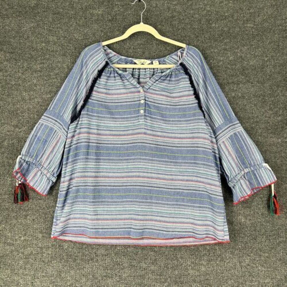 Caffe Marrakesh Popover Blouse Top Womens 1X Blue Striped Boho Peasant Tassel